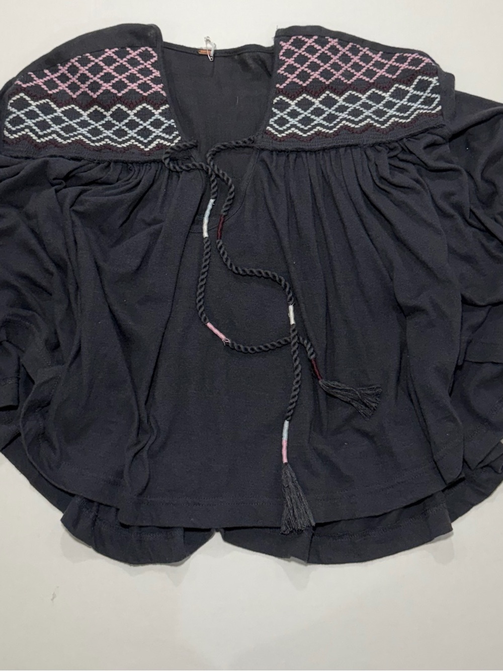 Black Embroidered Boho Peasant Top with Pink & Light Blue Accents